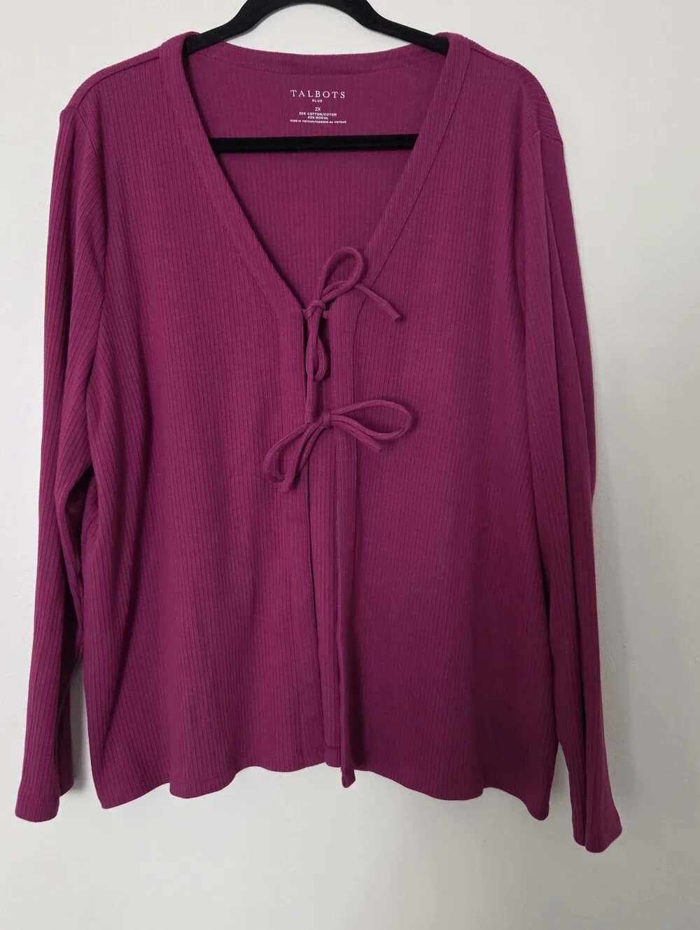 Talbots Women's Long Sleeve Magenta Tie-Front Ribbed V-Neck Top 2x